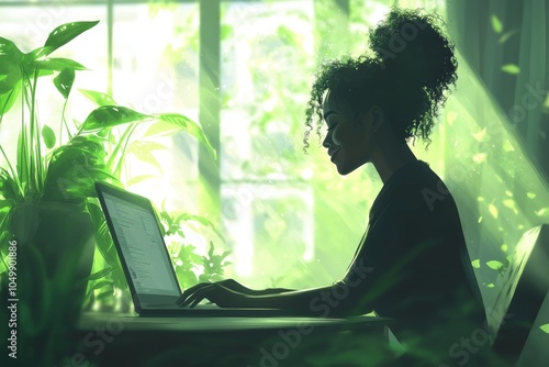 Remote workers on a laptop are having a business meeting in a hybrid office while a mature middle-aged woman executive watches over them photo