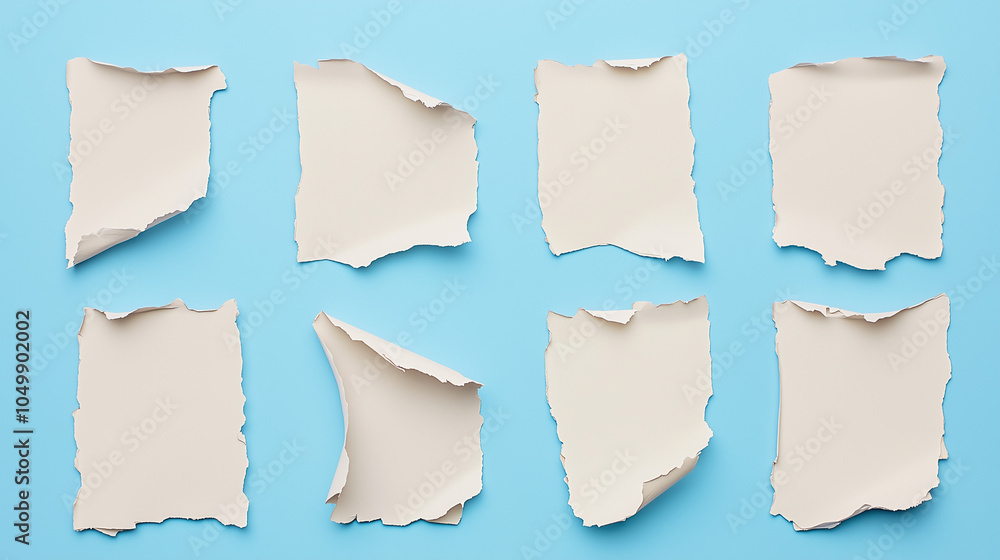 Fototapeta premium A set of torn and ripped flat paper sheets on a plain blue background with no wrinkles, stiff sheets of paper and no shadows