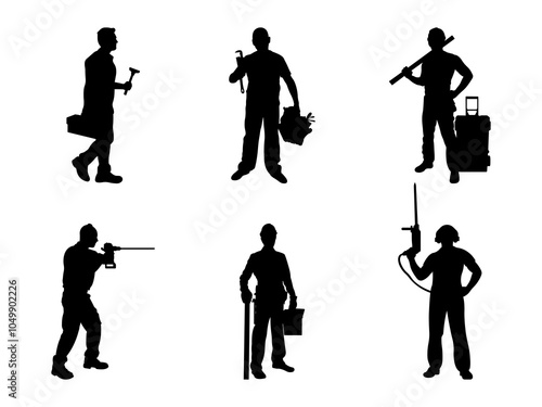 Set of Handyman Silhouette in various poses isolated on white background