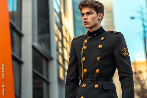 Male model in a structured military coat with gold epaulettes, walking through a modern metropolitan area, blending history with modern fashion. photo