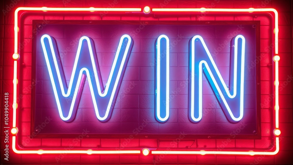 Blue neon WIN sign with a red border glowing against a brick wall Blue neon WIN sign with a red border glowing against a brick wall