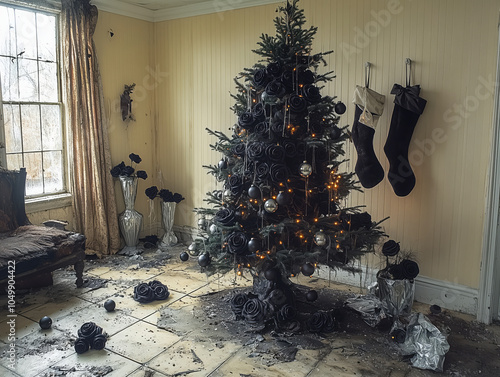 Post-apocalyptic Christmas room with gothic holiday decor photo