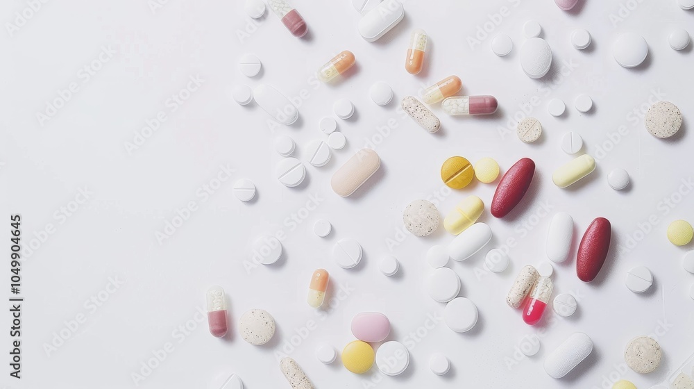 A close-up of various pills and tablets scattered on a plain white background, macro shot, Minimalist style A close-up of various pills and tablets scattered on a plain white background, macro shot, Minimalist style