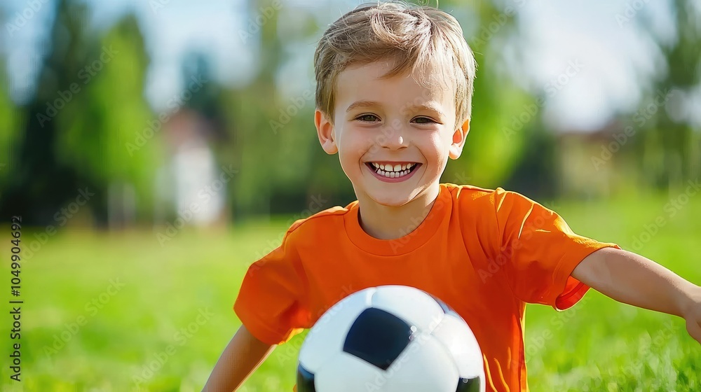 Obraz premium Happy Child Playing Soccer in a Bright Green Field