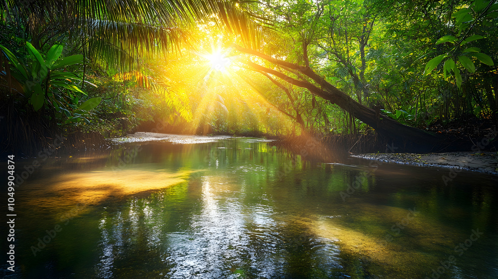 Obraz premium Sun Rays Through Tropical Forest Canopy, rainforest, jungle, trees, green, leaves