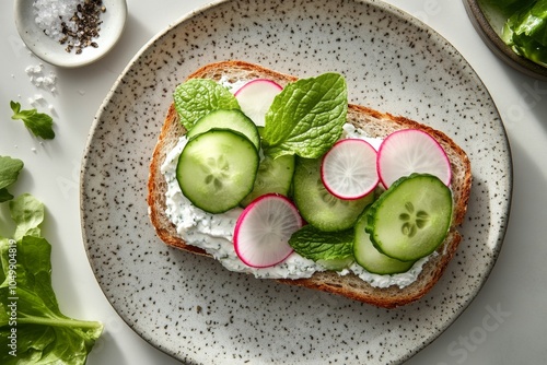 Fresh cucumber and radish open faced sandwich with greens on a light plate at...