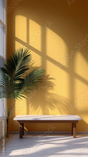 A white bowl resting on a wooden surface with green plants and bright yellow ...