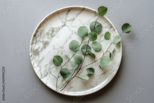 Eucalyptus leaves arranged on a marble plate in a minimalistic setting