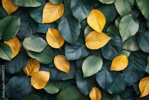 A colorful arrangement of green and yellow leaves on a dark surface during au...
