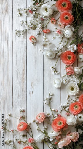 Floral arrangement of white and coral flowers on a rustic wooden surface in b...