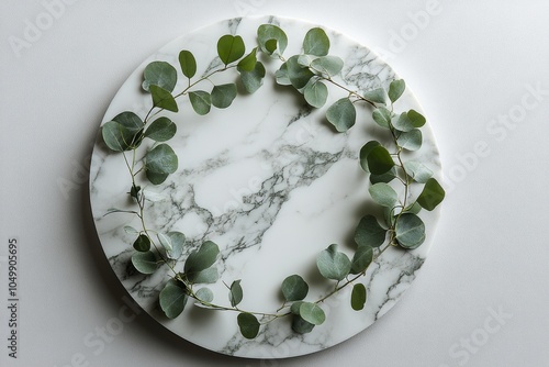 Eucalyptus leaves arranged on a marble plate in a minimalistic setting