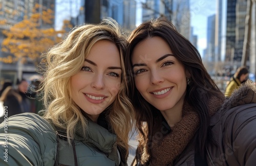 Two smiling women pose together in an urban setting with bright buildings and...