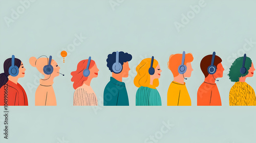 Diverse Team of Customer Service Representatives with Headsets, call center, customer support, microphone, multicultural, collaboration