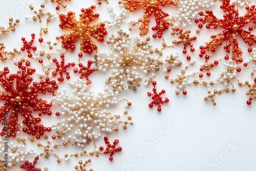 Decorative snowflakes arranged in red, white, and gold on a flat surface for ...