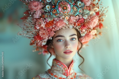 Stunning Portrait of a Woman Wearing a Vibrant Floral Headdress with Intricate Details and Soft Lighting photo