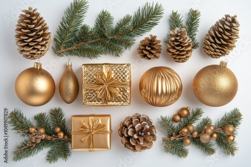 Stunning arrangement of gold themed Christmas decorations on a textured white...