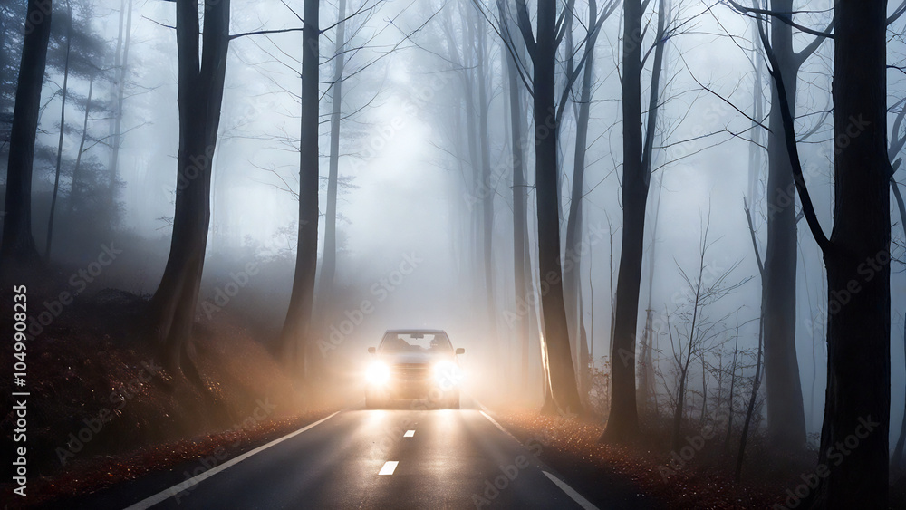 Fototapeta premium Car driving down a misty autumn road.