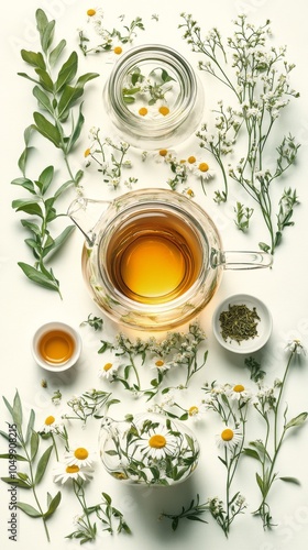 Herbal tea with chamomile flowers and herbs in a glass teapot on a white back...