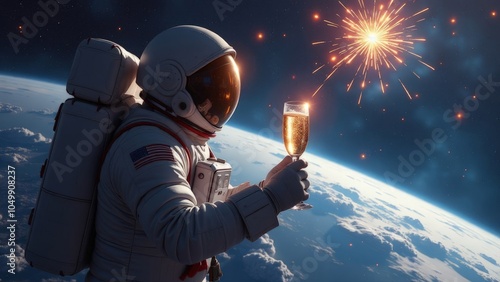 Astronaut celebrating in space with champagne and fireworks. A suited astronaut holding a glass of champagne, floating above Earth with fireworks in the background, symbolizing celebration. defocus
