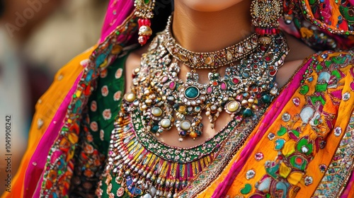 A close-up of traditional jewelry and clothing representing different Indian ethnic groups