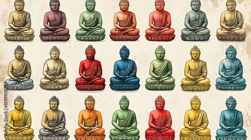 Colorful Buddha Statues in Meditation Pose, spiritual, enlightenment, peace, serenity, mindfulness