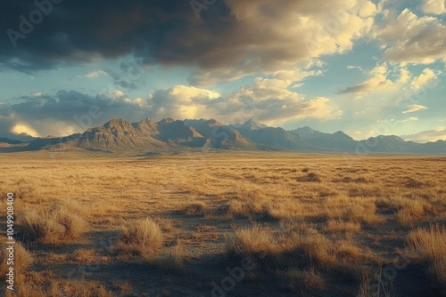 Expansive desert landscape with distant mountains under a vibrant sky at sunset