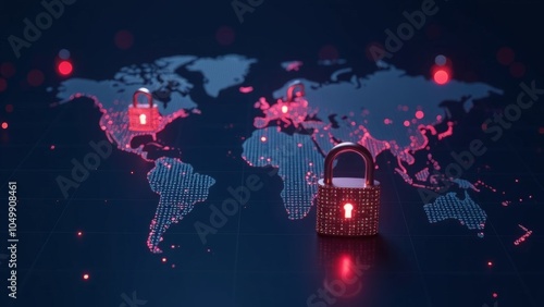 Global cybersecurity with digital locks on world map. Illustration of a world map with glowing red locks representing data security, cyber protection, and international network security. defocus