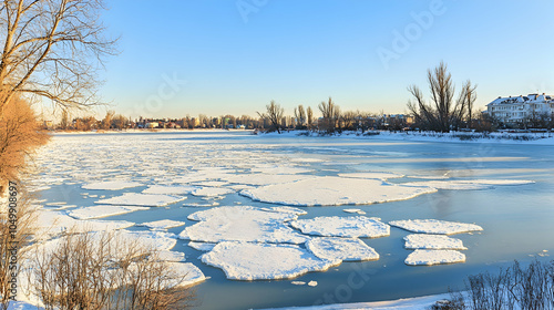 Frozen River with Melting Ice, ice floes, ice chunks, winter landscape, river ice, blue water