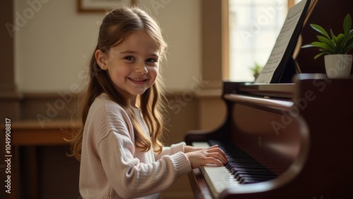 Young girl smiling while playing piano indoors, warm lighting, musical learning environment, representing joy, creativity, and childhood, horizontal. defocus