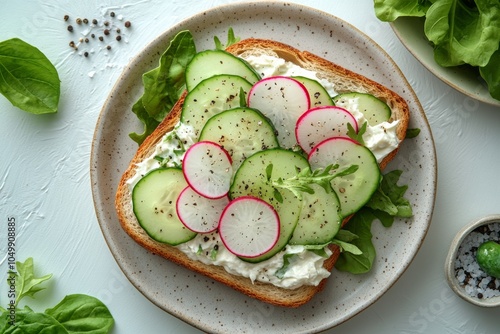Fresh cucumber and radish open faced sandwich with greens on a light plate at...