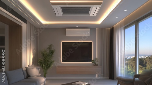 Modern living room with ceiling air conditioning unit and large TV. Energy-efficient cooling and home entertainment concept. photo