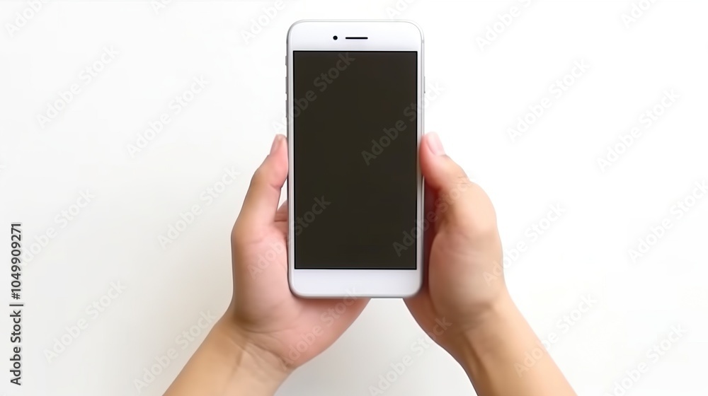 A person holding a white smartphone with a black screen, isolated on a white background. A person holding a white smartphone with a black screen, isolated on a white background.
