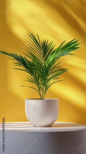 A white bowl resting on a wooden surface with green plants and bright yellow ...