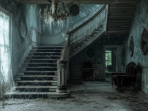 Haunted Victorian mansion steeped in shadows and eerie quiet
