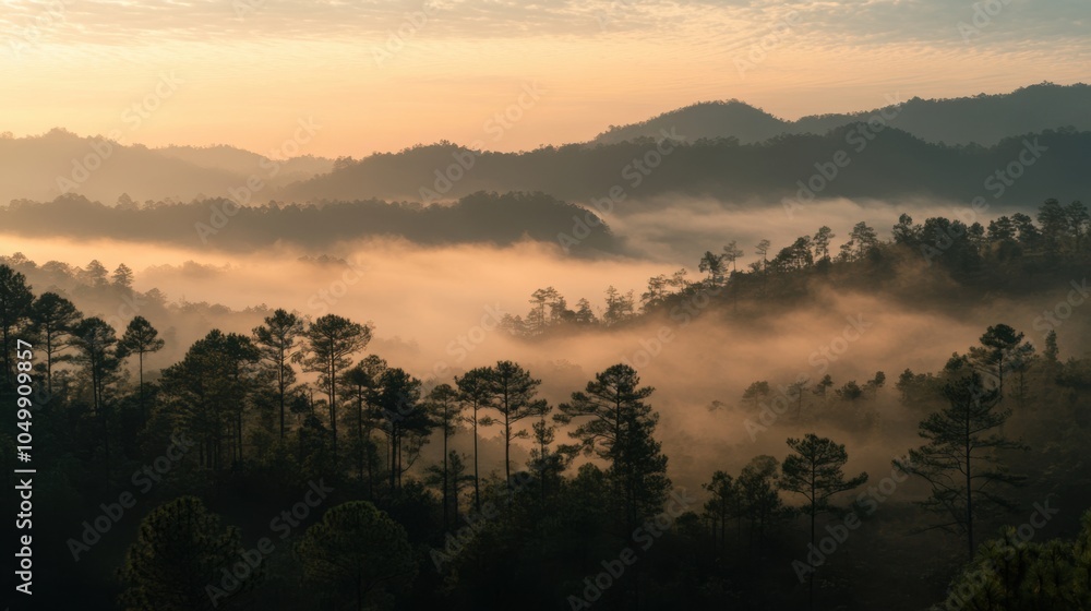 Obraz premium The foggy hills of Betong at dawn, with silhouettes of pine trees and the first light