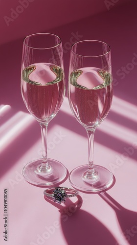 Elegant glasses filled with clear liquid on a soft pink background during day...