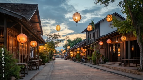 The historic street of Chiang Khan, with old wooden houses and lanterns illuminating the photo