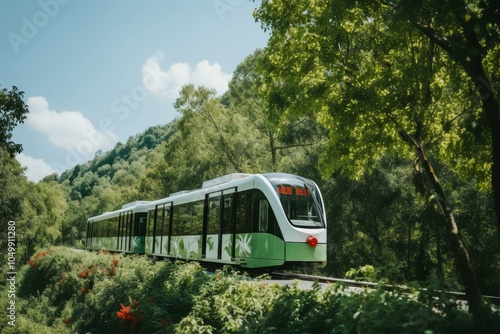 Dynamic low angle view of a modern electric tram highlighting eco friendly public transport benefits photo