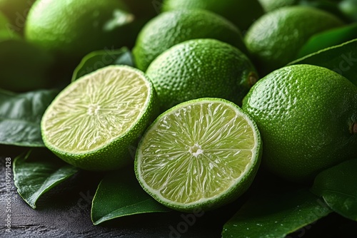 Fresh limes and green leaves displayed under warm sunlight in a kitchen setting