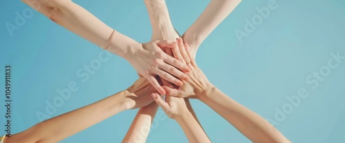 Close-up of hands put together in a gesture of team support and unity on a blue background. Conceptual image representing community, collaboration, teamwork, partnership.