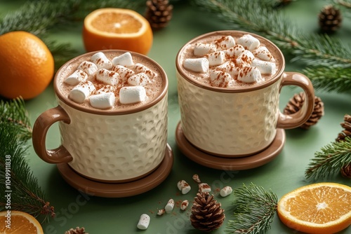 Cozy mugs of hot chocolate with marshmallows and spices surrounded by festive decorations