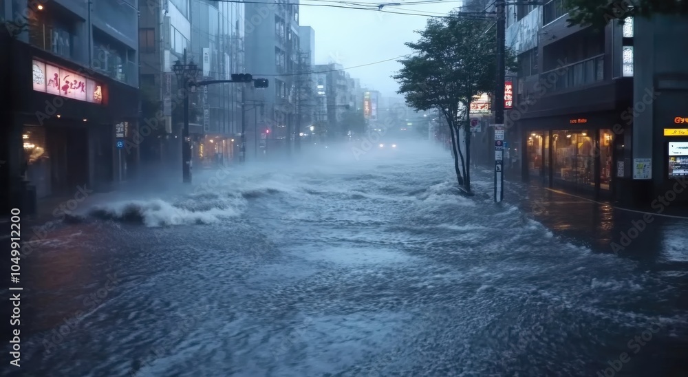 Obraz premium Heavy rainfall triggers urban flooding, with rivers inundating streets and buildings, highlighting the power of water and the challenges of cities coping with extreme rainfall.