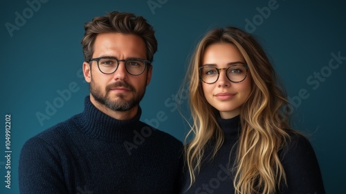 Stylish Couple in Matching Glasses and Dark Sweaters