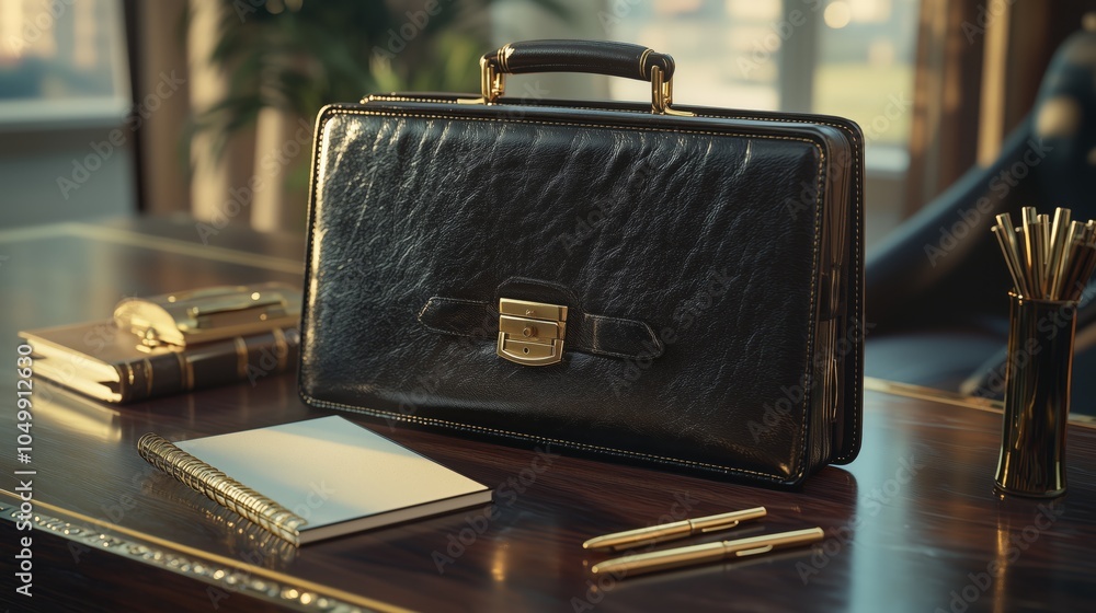 Elegant Black Leather Briefcase on Office Desk Elegant Black Leather Briefcase on Office Desk
