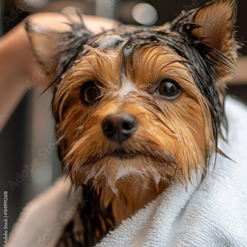 Closeup of a dog being toweldried after a bath, fur tousled and wet, capturing the care and attention in postbathing grooming photo