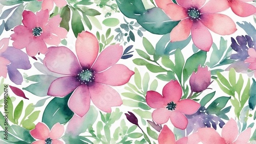 Colorful watercolor floral pattern with pink and green leaves in a delicate style