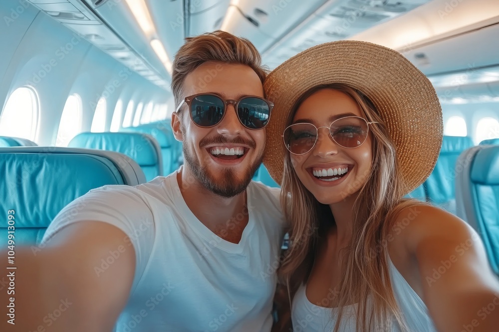 Young couple enjoying a cheerful moment on an airplane during a sunny vacation trip Young couple enjoying a cheerful moment on an airplane during a sunny vacation trip
