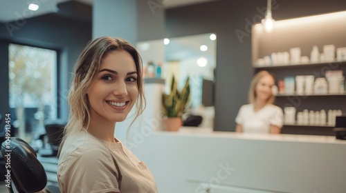 A modern salon reception area with a friendly receptionist greeting clients and managing appointments