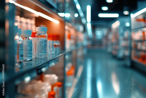 Wallpaper Mural Blurred view of pharmaceutical storage shelves with medicine bottles in a drug store Torontodigital.ca
