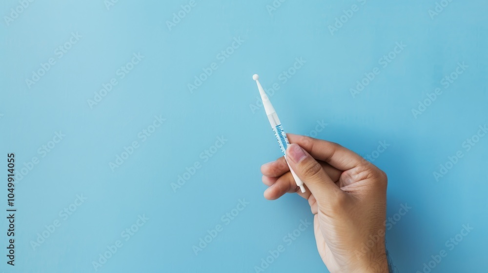 A detailed close-up of a hand holding a digital thermometer in a clean clinical setting against a light blue background, macro shot, Minimalist style A detailed close-up of a hand holding a digital thermometer in a clean clinical setting against a light blue background, macro shot, Minimalist style